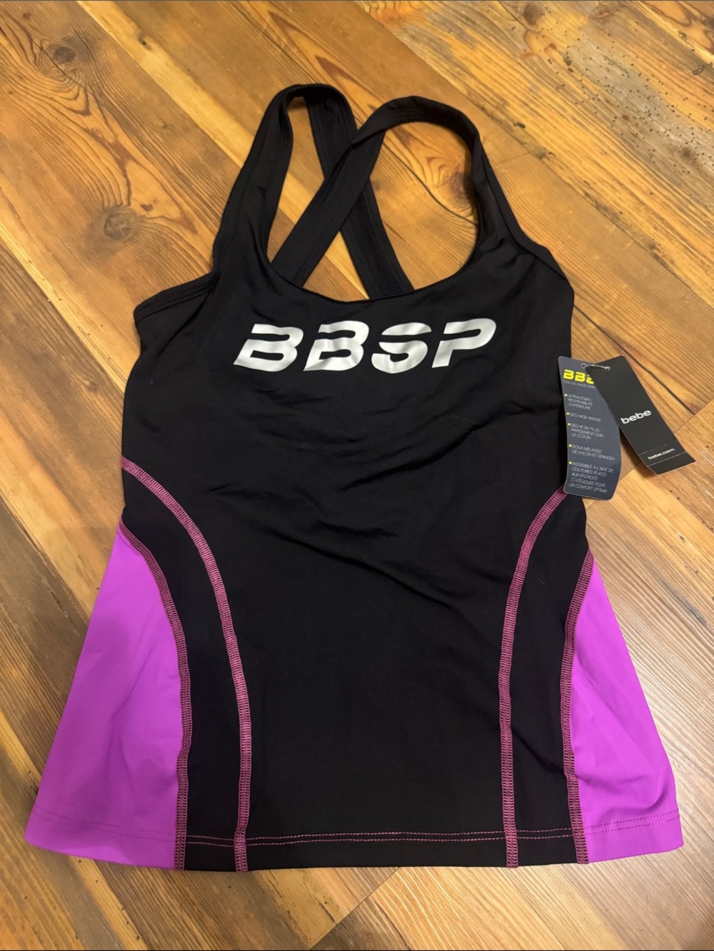 bebe Black and Purple Athletic Racerback Tank